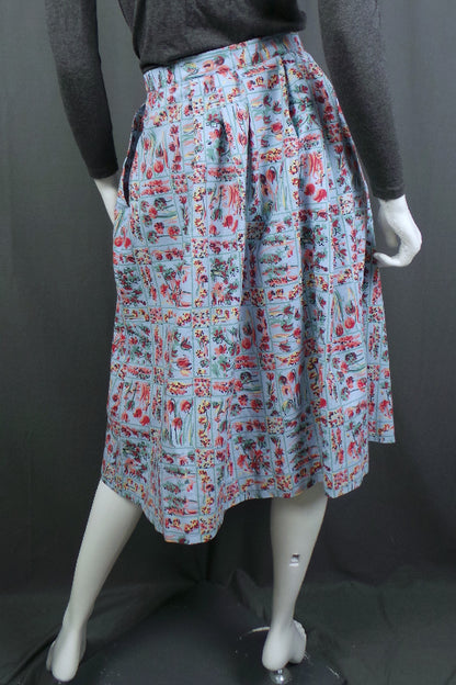 1980s Light Blue Floral Cotton Midi Skirt, 30in Waist