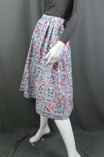 1980s Light Blue Floral Cotton Midi Skirt, 30in Waist