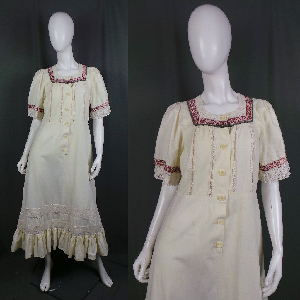 1970s Cream Cotton Lace Trim Vintage Prairie Dress | Jaci
