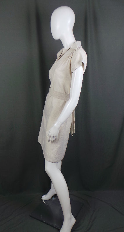 1970s Ecru Linen Blend Simple Belted Dress, by Wallis, 36in Bust