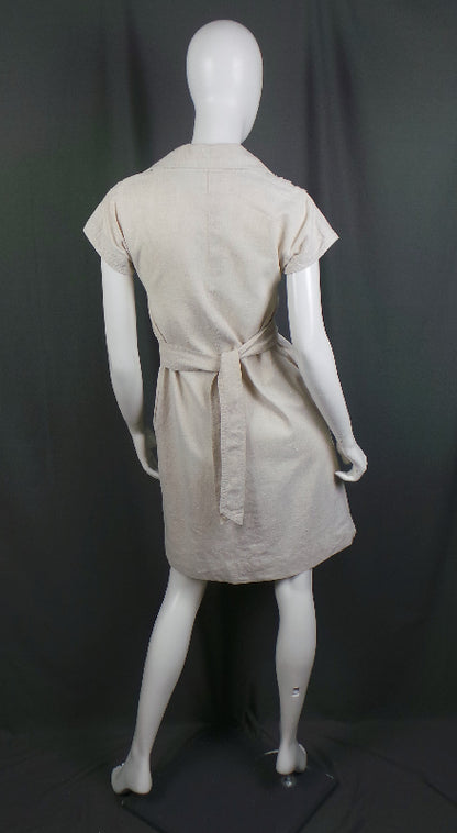 1970s Ecru Linen Blend Simple Belted Dress, by Wallis, 36in Bust