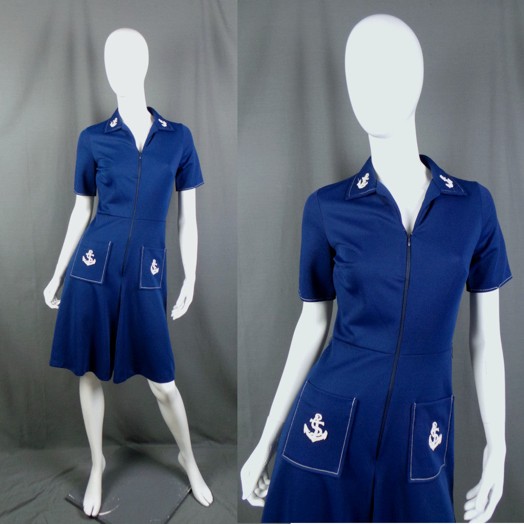 1970s Navy Blue Sailor Anchor Zip Front Vintage Playsuit, by JC Penney