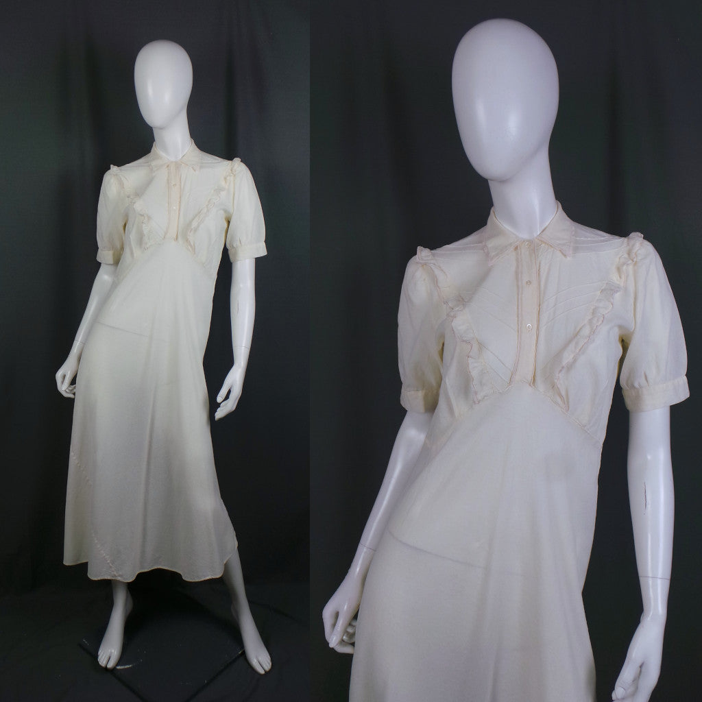 1930s Cream Cotton Lace Trim Vintage Long Dress