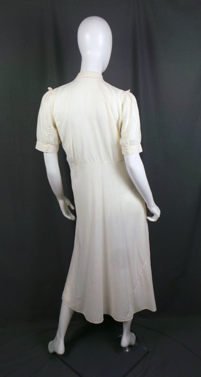 1930s Cream Cotton Lace Trim Long Dress, 39in Bust