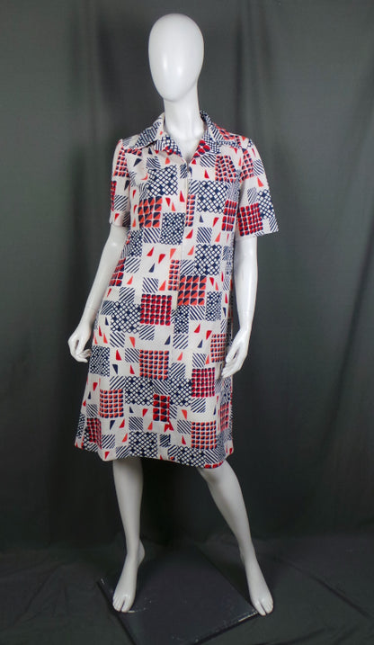 1970s Red, White and Blue Geometric Zip Front Dress, by Eastex, 44in Bust