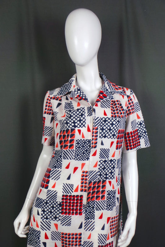 1970s Red, White and Blue Geometric Dress | Eastex | 2XL