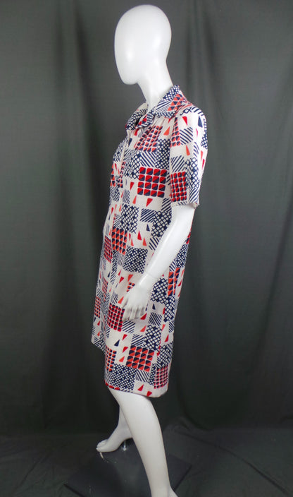 1970s Red, White and Blue Geometric Zip Front Dress, by Eastex, 44in Bust