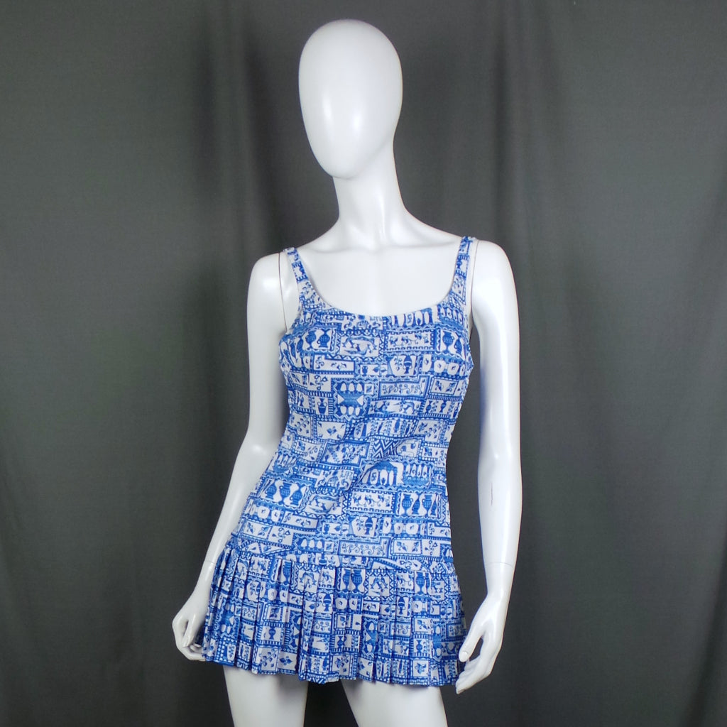 1960s Blue and White Egyptian Print Drop Waist Skirted Swimsuit, 39in-41in Bust