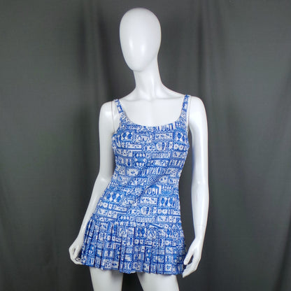 1960s Blue Egyptian Print Skirted Swimsuit | M