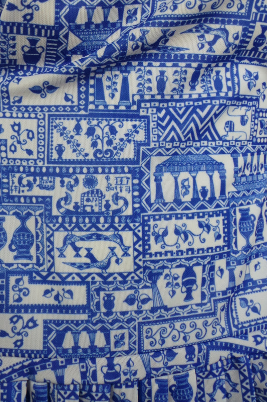 1960s Blue and White Egyptian Print Drop Waist Skirted Swimsuit, 39in-41in Bust