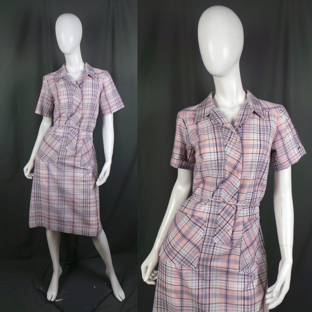 1970s Light Pink and Purple Checked Vintage Shirt Dress, By Lauren Originals,