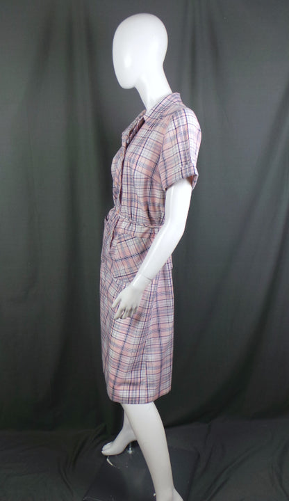1970s Light Pink and Purple Checked Shirt Dress, By Lauren Originals, 40.5in Bust