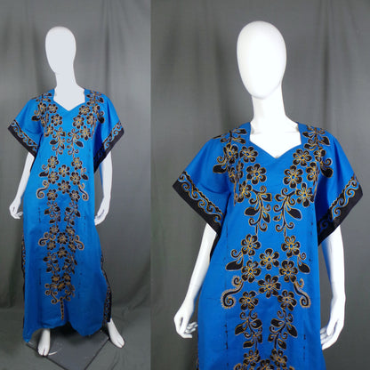 1970s Blue & Black Embroidered Vintage Kaftan