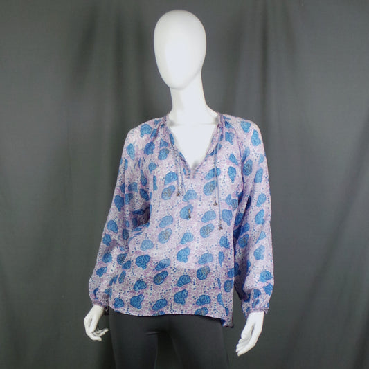 1970s Phool Purple and Blue Rose Print Indian Cotton Top,  42in Bust