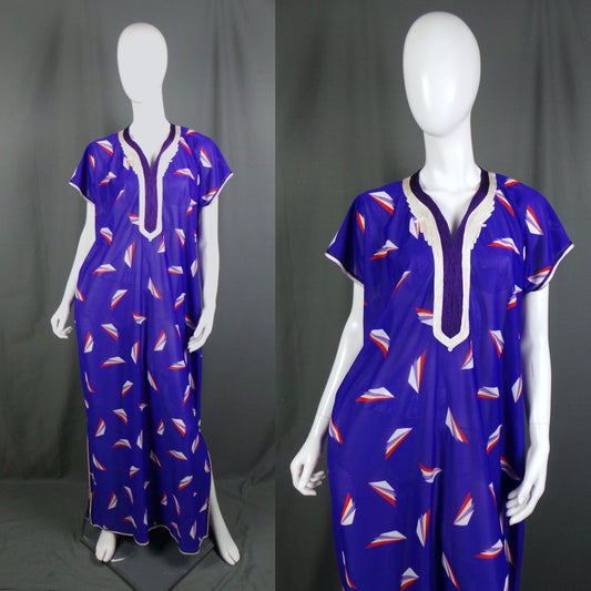 1980s Purple Deco Fan Print Vintage Kaftan