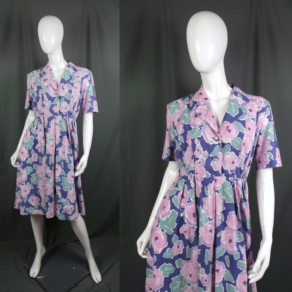 1950s Lilac and Pink Jumbo Floral Shirtwaister Vintage Dress