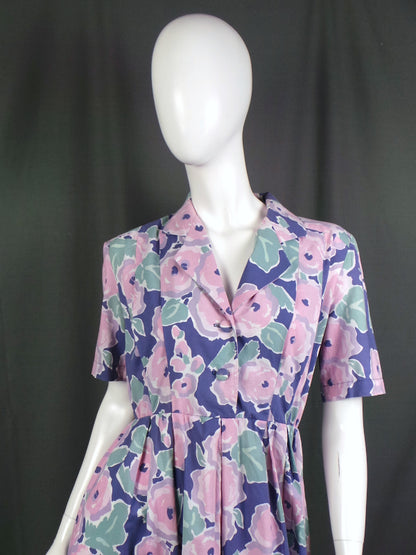 1950s Lilac and Pink Jumbo Floral Shirtwaister Dress, 51in Bust