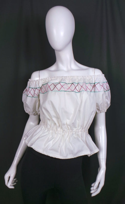 1970s White Embroidered Off The Shoulder Peasant Blouse, 40in Bust