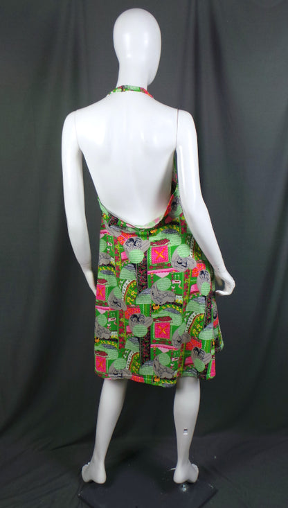 1970s Neon Green Halter Neck Vintage Beach Dress