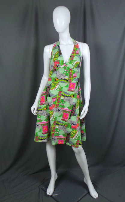 1970s Neon Green Halter Neck Vintage Beach Dress