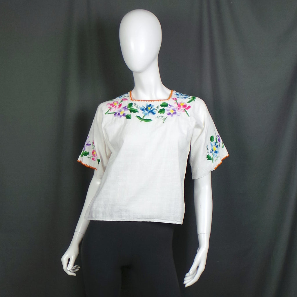 1960s White Cotton Embroidered Vintage Guatemalan Top