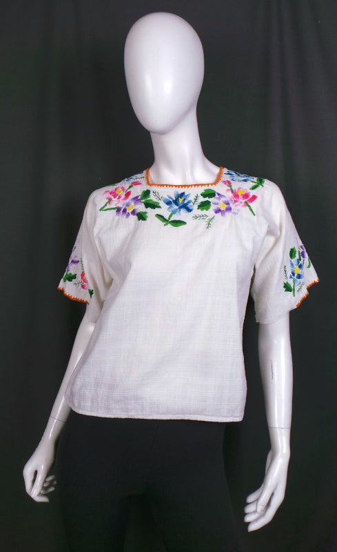 1960s White Cotton Embroidered Guatemalan Top, 40in Bust
