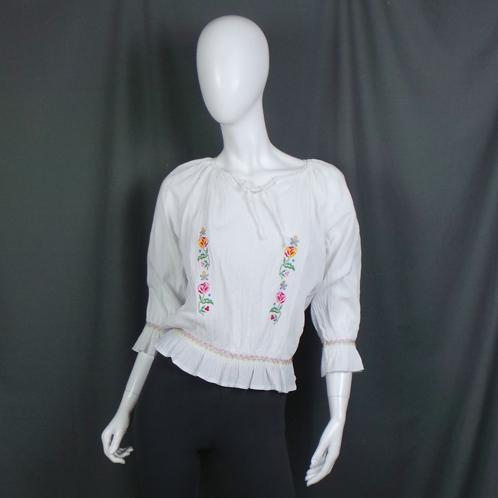1960s White Cheesecloth Embroidered Vintage Boho Top