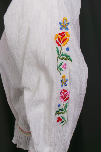 1960s White Cheesecloth Embroidered Boho Top, 42in Bust