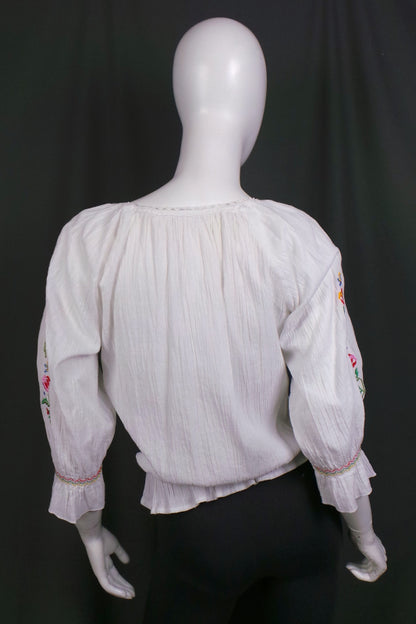 1960s White Cheesecloth Embroidered Boho Top, 42in Bust