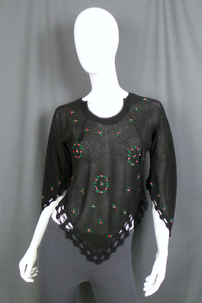 1960s Black Crochet and Cheesecloth Embroidered Top, 38in Bust
