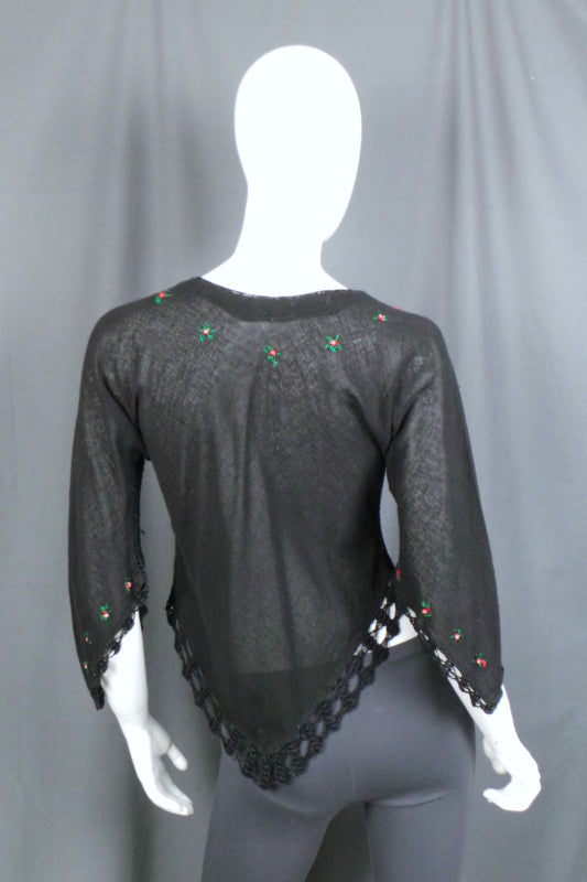 1960s Black Crochet and Cheesecloth Embroidered Top, 38in Bust