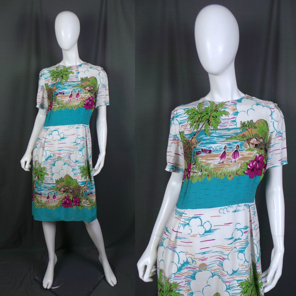 1960s White Hawaiian Novelty Print Vintage Shift Dress