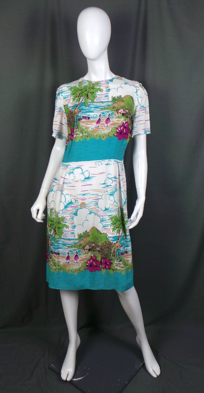 1960s White Hawaiian Novelty Print Shift Dress, 42in Bust