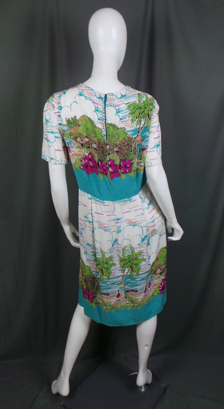 1960s White Hawaiian Print Vintage Shift Dress