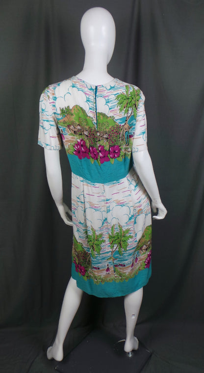 1960s White Hawaiian Novelty Print Shift Dress, 42in Bust