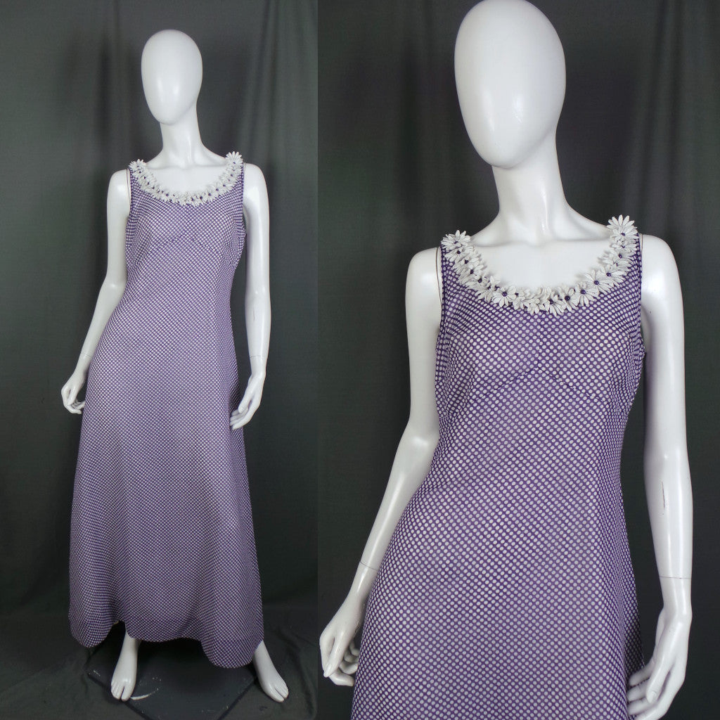 1960s Purple and White Polka Dot and Daisy Trim Vintage Long Dress, By Carnegie