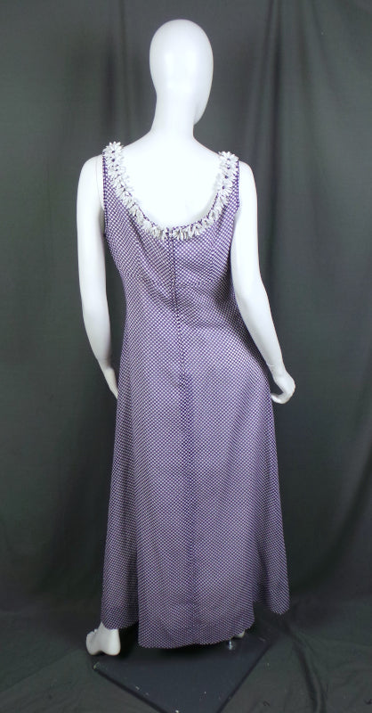 1960s Purple and White Polka Dot and Daisy Trim Long Dress, By Carnegie, 40in Bust