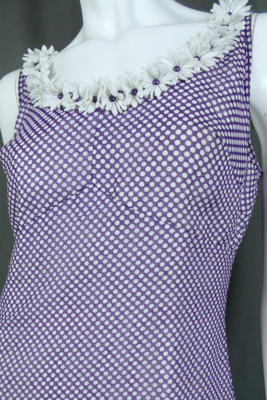 1960s Purple White Polka Dot & Daisy Dress | Carnegie | L