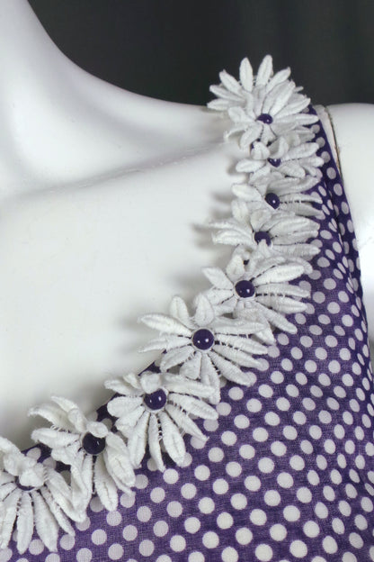 1960s Purple White Polka Dot & Daisy Dress | Carnegie | L