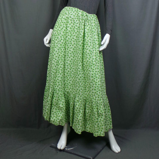 1970s Green and White Ditsy Floral Cotton Vintage Prairie Skirt