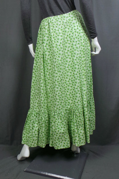 1970s Green White Floral Prairie Skirt | M
