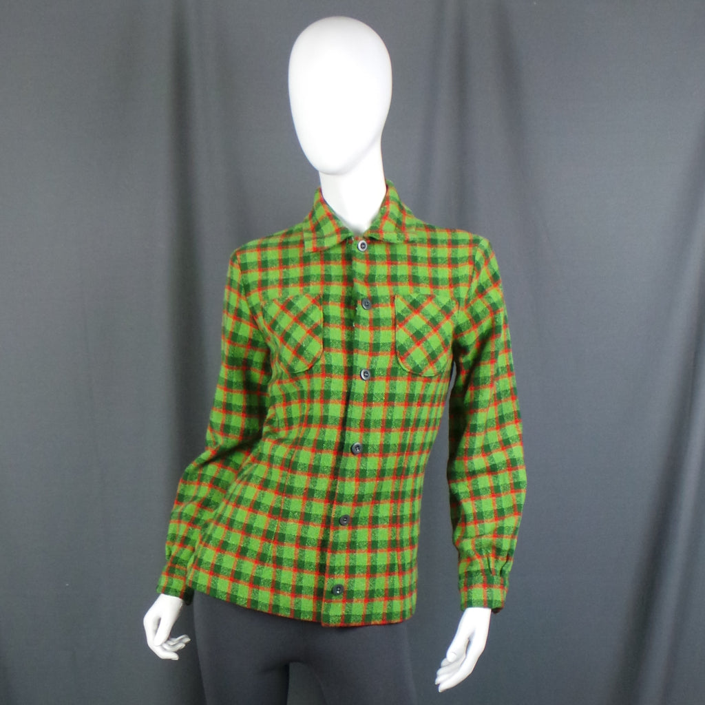 1970s Lime Green and Red Checked Wool Boucle Vintage Shirt,