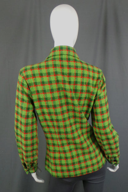 1970s Lime Green and Red Checked Wool Boucle Shirt, 36in Bust