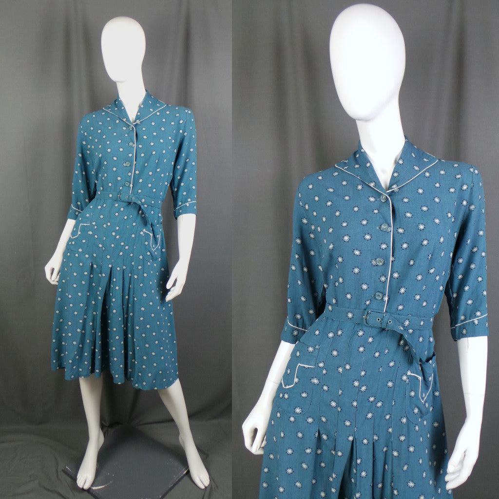 1950s Blue Atomic Print Vintage Shirt Dress