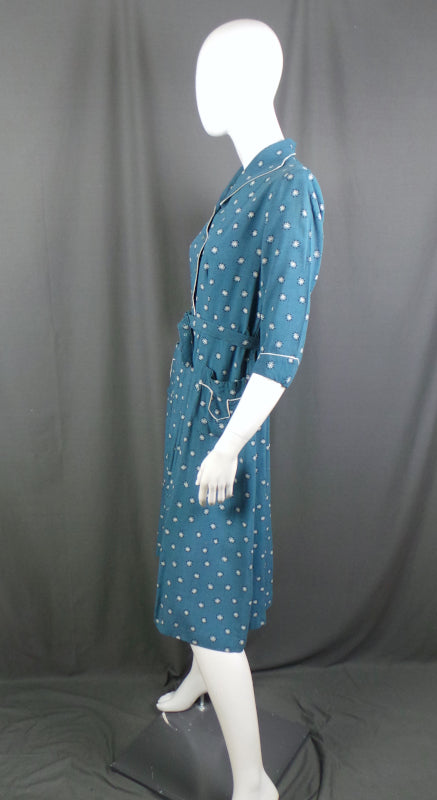 1950s Air Force Blue Atomic Print Shirt Dress, 41in Bust
