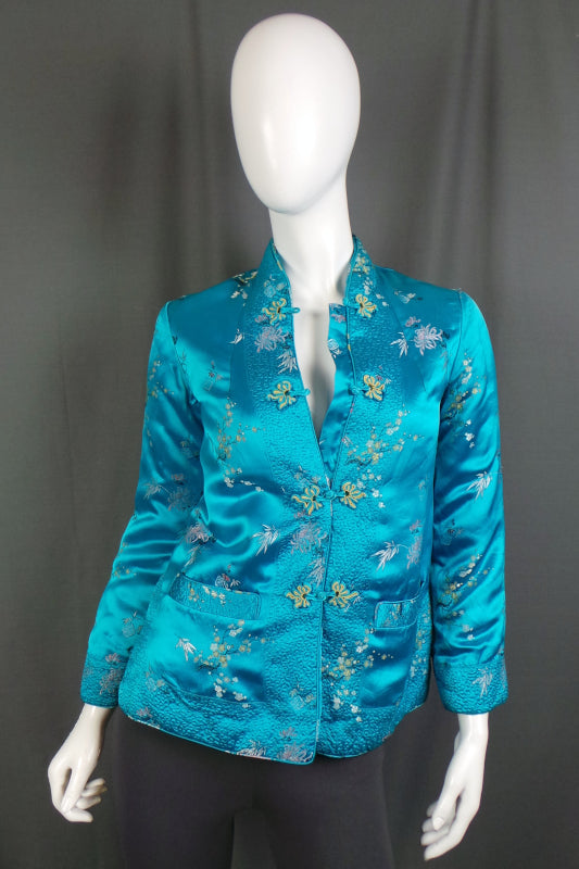 1960s Blue Chinese Brocade Quilted Jacket | XS