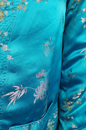 1960s Bright Blue Chinese Brocade Quilted Short Jacket, 34in Bust