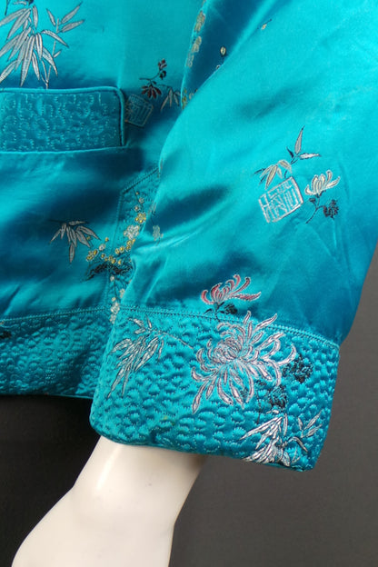 1960s Bright Blue Chinese Brocade Quilted Short Jacket, 34in Bust