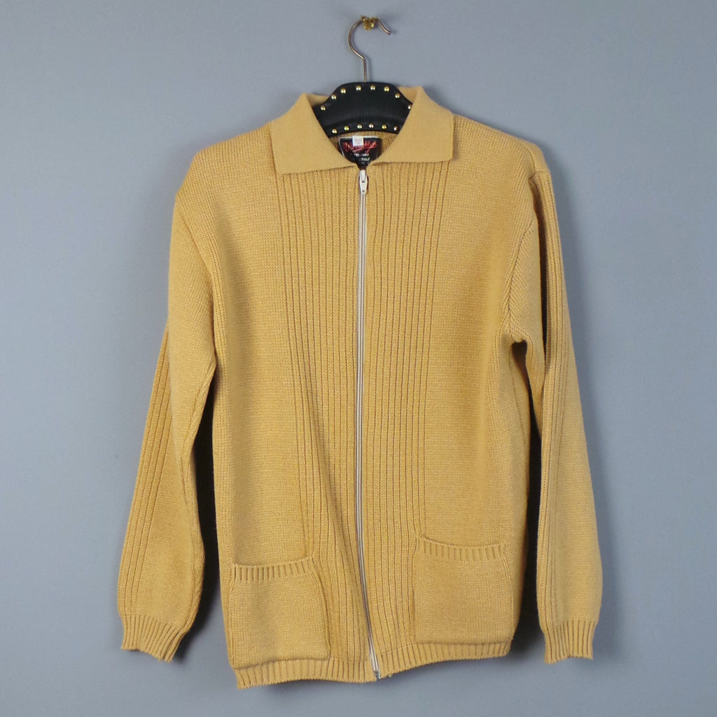 1960s Light Tan Zip-Up Collared Vintage Knit Cardigan