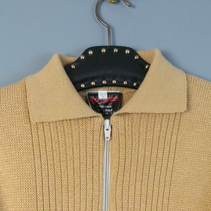 1960s Light Tan Zip-Up Collared Knit Cardigan, 42in Chest